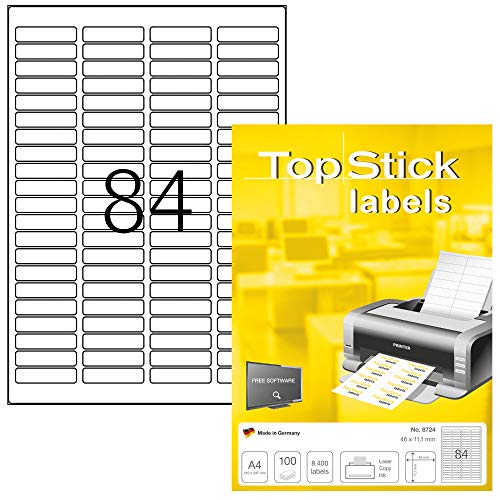 TopStick 8724 Universal Etiketten, 100 Blatt, 46 x 11,1 mm, 84 pro A4 Bogen, 8400 Stück, selbstklebend, bedruckbar, matt, blanko Papier Klebeetiketten Aufkleber, weiß von topstick