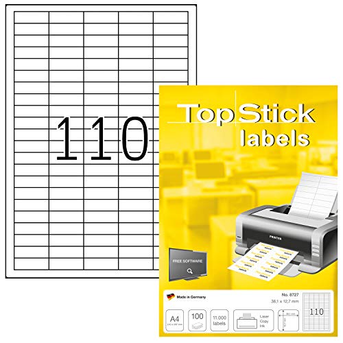 TopStick 8727 Universal Etiketten, 1000 Blatt, 38,1 x 12,7 mm, 110 pro A4 Bogen, 110000 Stück, selbstklebend, bedruckbar, matt, blanko Papier Klebeetiketten Aufkleber, weiß von topstick