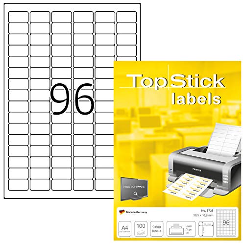 TopStick 8728 Universal Etiketten, 100 Blatt, 30,5 x 16,9 mm, 96 pro A4 Bogen, 9600 Stück, selbstklebend, bedruckbar, matt, blanko Papier Klebeetiketten Aufkleber, weiß von TopStick