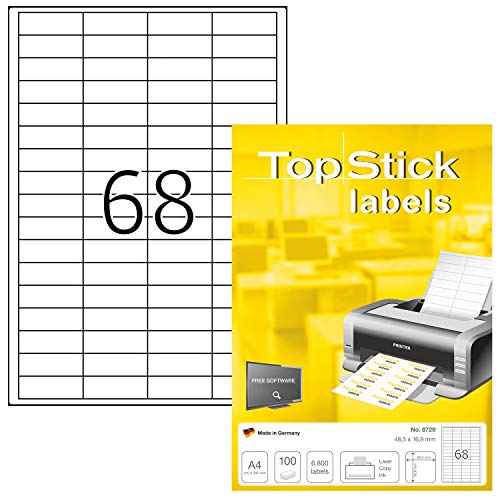TopStick 8729 Universal Etiketten, 1000 Blatt, 48,5 x 16,9 mm, 68 pro A4 Bogen, 68000 Stück, selbstklebend, bedruckbar, matt, blanko Papier Klebeetiketten Aufkleber, weiß von topstick