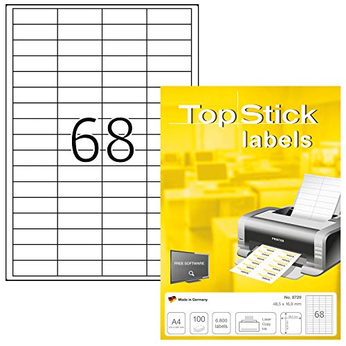 TopStick 8729 Universal Etiketten, 100 Blatt, 48,5 x 16,9 mm, 68 pro A4 Bogen, 6800 Stück, selbstklebend, bedruckbar, matt, blanko Papier Klebeetiketten Aufkleber, weiß von TopStick