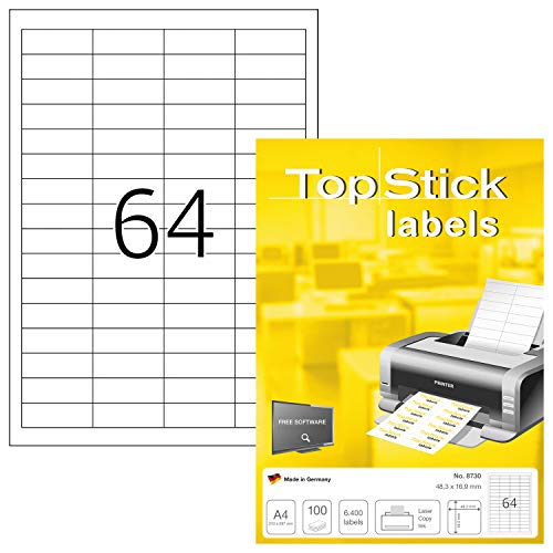 TopStick 8730 Universal Etiketten, 100 Blatt, 48,3 x 16,9 mm, 64 pro A4 Bogen, 6400 Stück, selbstklebend, bedruckbar, matt, blanko Papier Klebeetiketten Aufkleber, weiß von TopStick