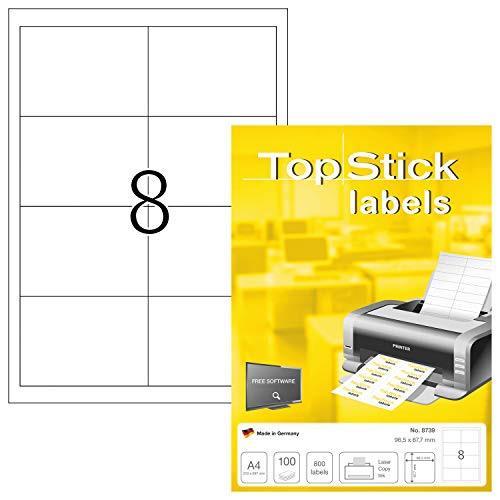 TopStick 8739 Universal Etiketten, 1000 Blatt, 96,5 x 67,7 mm, 8 pro A4 Bogen, 8000 Stück, selbstklebend, bedruckbar, matt, blanko Papier Klebeetiketten Aufkleber, weiß von topstick