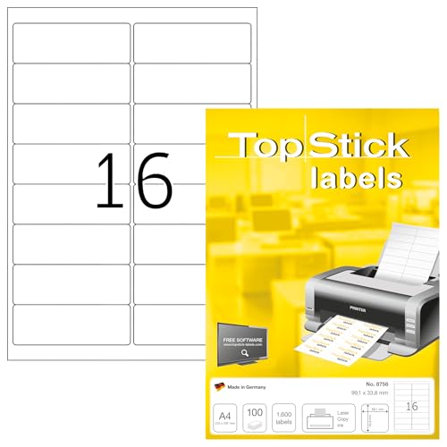 TopStick 8756 Adressetiketten, 1000 Blatt, 99,1 x 33,9 mm, 16 pro A4 Bogen, 16000 Stück, selbstklebend, bedruckbar, matt, blanko Papier Adressaufkleber Etiketten, weiß von topstick