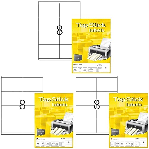 TopStick 8770 Universal Etiketten, 100 Blatt, 105 x 70 mm, 8 Stück pro A4 Bogen, 800 Aufkleber, selbstklebend, bedruckbar, blanko Klebeetiketten aus Papier für Laser/Inkjet Drucker, weiß von topstick