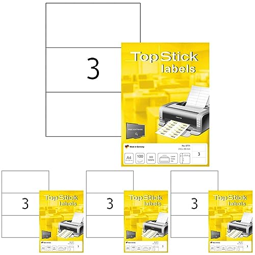 TopStick 8771 Universal Etiketten, 100 Blatt, 210 x 99 mm, 3 Stück pro A4 Bogen, 300 Aufkleber, selbstklebend, bedruckbar, blanko Klebeetiketten aus Papier für Laser/Inkjet Drucker, weiß von TopStick