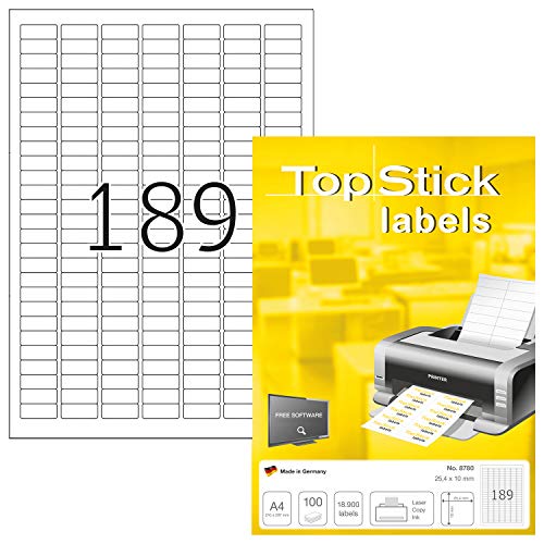 TopStick 8780 Universal Etiketten, 1000 Blatt, 25,4 x 10 mm, 189 Stück pro A4 Bogen, 189000 Aufkleber, selbstklebend, bedruckbar, matt, blanko Klebeetiketten aus Papier, weiß von topstick