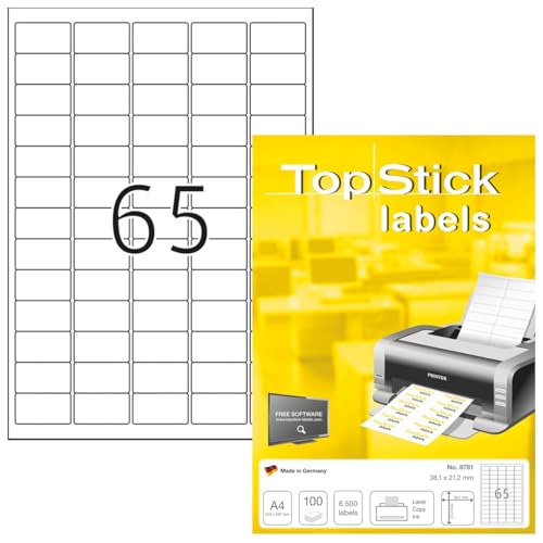 TopStick 8781 Adressetiketten, 100 Blatt, 38,1 x 21,2 mm, 65 pro A4 Bogen, 6500 Stück, selbstklebend, bedruckbar, matt, blanko Papier Adressaufkleber Etiketten, weiß von topstick