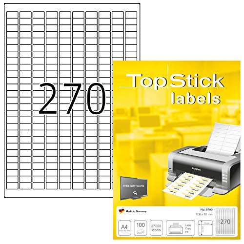 TopStick 8790 Universal Etiketten, 1000 Blatt, 17,8 x 10 mm, 270 pro A4 Bogen, 270000 Stück, selbstklebend, bedruckbar, matt, blanko Papier Klebeetiketten Aufkleber, weiß von topstick