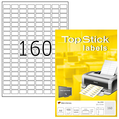 TopStick 8791 Universal Etiketten, 1000 Blatt, 22 x 12 mm, 160 pro A4 Bogen, 160000 Stück, selbstklebend, bedruckbar, matt, blanko Papier Klebeetiketten Aufkleber, weiß von topstick