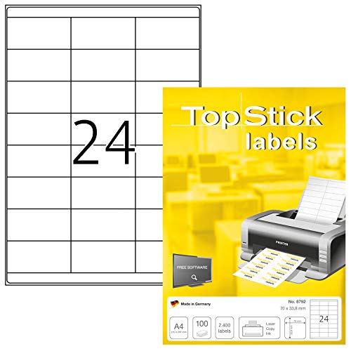 TopStick 8792 Universal Etiketten, 100 Blatt, 70 x 33,8 mm, 24 pro A4 Bogen, 2400 Stück, selbstklebend, bedruckbar, matt, blanko Papier Klebeetiketten Aufkleber, weiß von TopStick