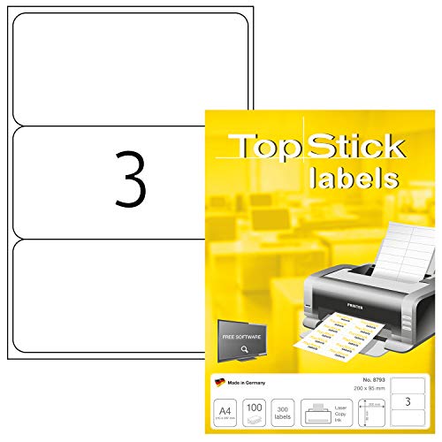 TopStick 8793 Universal Etiketten, 100 Blatt, 200 x 95 mm, 3 pro A4 Bogen, 300 Stück, selbstklebend, bedruckbar, matt, blanko Papier Klebeetiketten Aufkleber, weiß von topstick