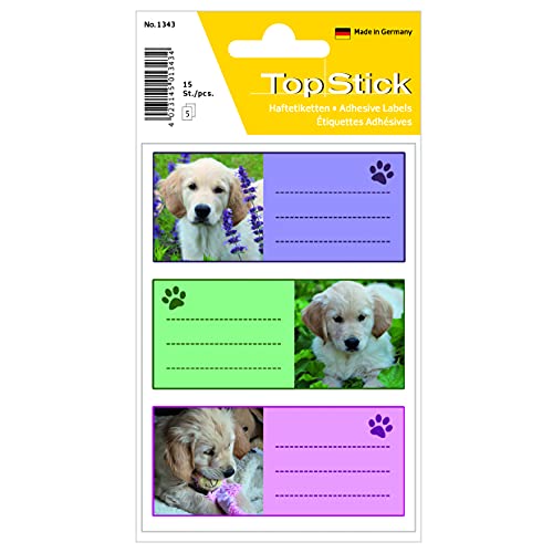 TopStick 1343 Buchetiketten zum Beschriften Hunde, 15 Stück, 76 x 35 mm, selbstklebend, liniert, Buchaufkleber für Schule Kinder Mädchen Jungen, mehrfarbige Heftetiketten Aufkleber, bunt von TopStick