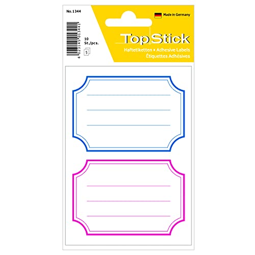 TopStick 1344 Buchetiketten zum Beschriften neutral blau roter Rand, 10 Stück, 78 x 53 mm, selbstklebend, liniert, Buchaufkleber für Schule Kinder Mädchen Jungen, blanko Heftetiketten Aufkleber, weiß von topstick