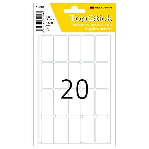 TopStick 2206 Vielzweck-Etiketten, 300 Stück, 19 x 40 mm, 20 pro Bogen, selbstklebend, Haushaltsetiketten zum Beschriften, matt, blanko Papier Klebeetiketten Aufkleber, weiß von TopStick
