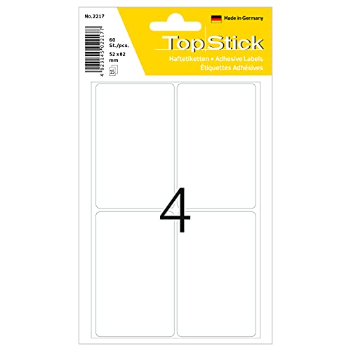 TopStick 2217 Vielzweck-Etiketten, 60 Stück, 52 x 82 mm, 4 pro Bogen, selbstklebend, Haushaltsetiketten zum Beschriften, matt, blanko Papier Klebeetiketten Aufkleber, weiß von topstick