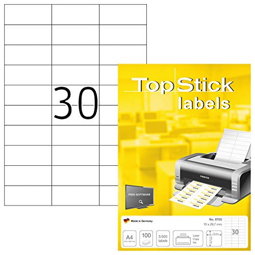 TopStick 8703 Universal Etiketten, 100 Blatt, 70 x 29,7 mm, 30 pro A4 Bogen, 3000 Stück, selbstklebend, bedruckbar, matt, blanko Papier Klebeetiketten Aufkleber, weiß von TopStick