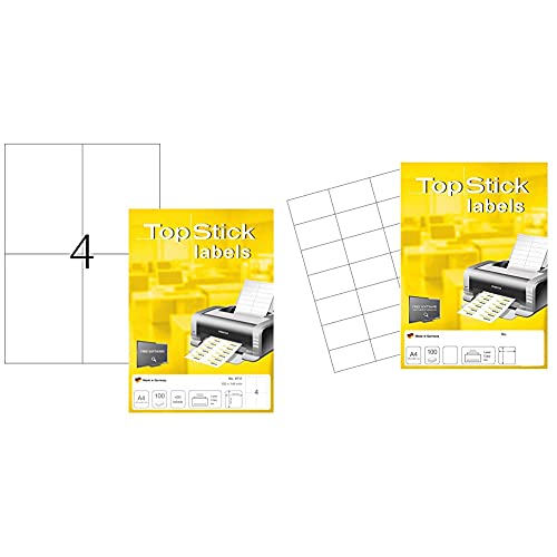 topstick 8717 Universal Etiketten DIN A4 (105 x 148 mm, 100 Blatt, Papier, matt) 400 Versandetiketten, weiß & Adressaufkleber DIN A4 (70 x 37 mm, 100 Blatt, Papier, matt) 2.400 Klebeetiketten, weiß von topstick