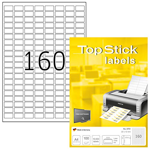 TopStick 8791 Universal Etiketten, 100 Blatt, 22 x 12 mm, 160 pro A4 Bogen, 16000 Stück, selbstklebend, bedruckbar, matt, blanko Papier Klebeetiketten Aufkleber, weiß von TopStick