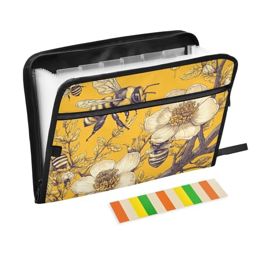 Akkordeon-Aktenordner, 13 Taschen, A4, Briefgröße mit Reißverschluss, für Zuhause, Büro, Holz, gelbe Biene, Blume, Carpeta de Akkordeon-Aktenordner, 13 Taschen, A4, Briefgröße mit Reißverschluss, für Zuhause, Büro, Holz, gelbe Biene, Blume, Carpeta de von tplaotee