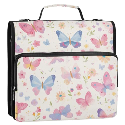 Beautiful Buttterflies Ordner mit 3 Ringen, 3,8 cm, Reißverschluss, mit Griff und abnehmbarem Schultergurt, inklusive Reißverschlusstasche, Dokumentenmappe, Organizer für Mittelschule von tplaotee