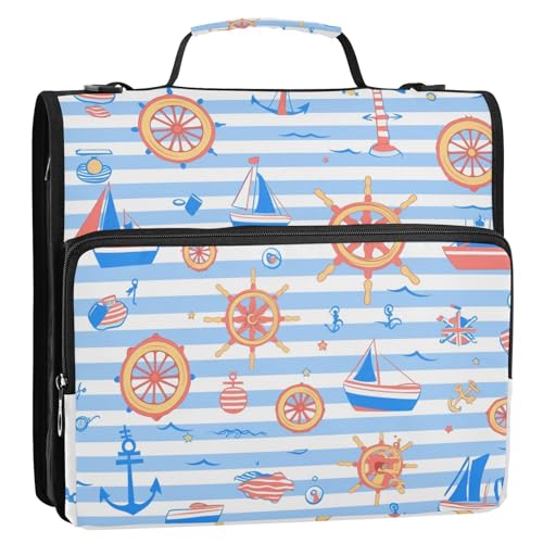 Blue Sea Ocean Stripe 3 Ringe Reißverschluss Ordner mit Gurt Laege Kapazität Dokumentenmappe Organizer für Büro Schule von tplaotee