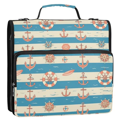 Blue Sea Ocean Stripe 3 Ringe Reißverschluss Ordner mit Schultergurt und Griff, wasserdicht, Dokumentenmappe für Schule/Büro von tplaotee
