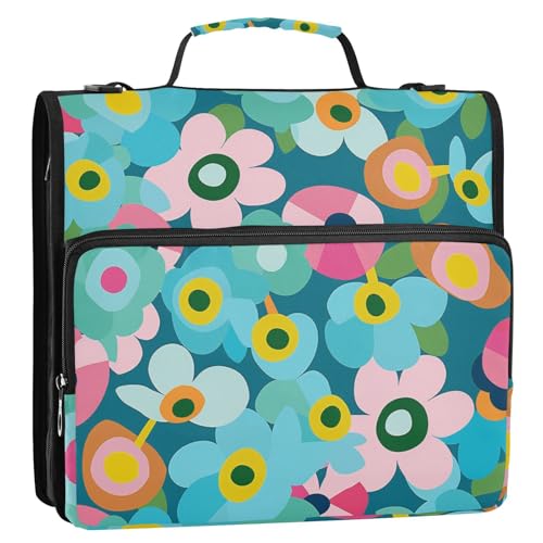 Bunte Blumen Cartoon 3 Ringe 3,8 cm Reißverschluss Ordner Organizer mit Schultergurt und Griff inklusive Reißverschlusstasche Schulbedarf Organizer für Mittelschule von tplaotee