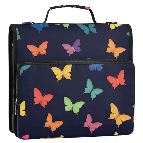Bunter Schmetterlinge, schwarz, 3,8 cm Ringbuch-Organizer mit Schultergurt, einfach zu transportieren, tragbares Portfolio für Büro, Schule Bunter Schmetterlinge, schwarz, 3,8 cm Ringbuch-Organizer mit Schultergurt, einfach zu transportieren, tragbares Portfolio für Büro, Schule von tplaotee