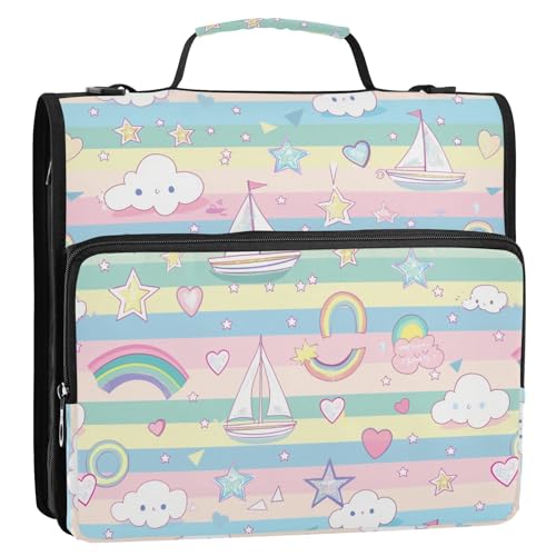 Bunter Segelboot-Insel-Cartoon, 3,8 cm, 3 Ringe, Büroordner mit Griff und abnehmbarem Schultergurt, mehrere Taschen, Dokumentenmappe für die Schule von tplaotee