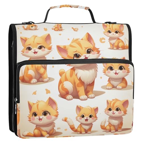 Cartoon-Katze, 3,8 cm, 3 Ringe, Schul-Reißverschluss, Ordner mit Schultergurt und Griff, Kapazität für Dokumente, Dateien, Aufbewahrungstasche für die Schule, Orange, 3,8 cm von tplaotee