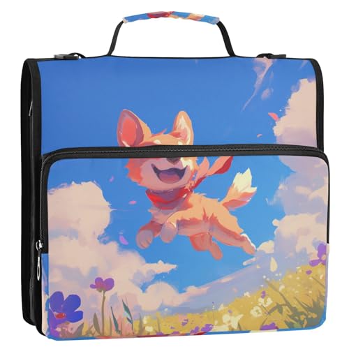 Chibi-Stil Cartoon Cute Dog 3 Ringe 3,8 cm Reißverschluss Ordner mit Schultergurt Mehrere Taschen Dokumentenmappe Organizer für Schule von tplaotee