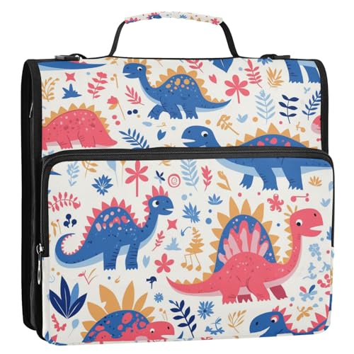 Dinosaurier-Mappe mit 3 Ringen, Reißverschluss, mit Riemen, mehrere Taschen, Reißverschluss, Portfolio für Schule und Büro, 3,8 cm, Pfirsichblau von tplaotee