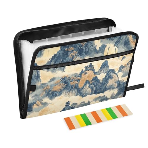 Dokumentenmappe, 13 Taschen, A4, Briefgröße, mit Reißverschluss, für Zuhause, Büro, chinesischer Stil, Berge, Teppiche von tplaotee