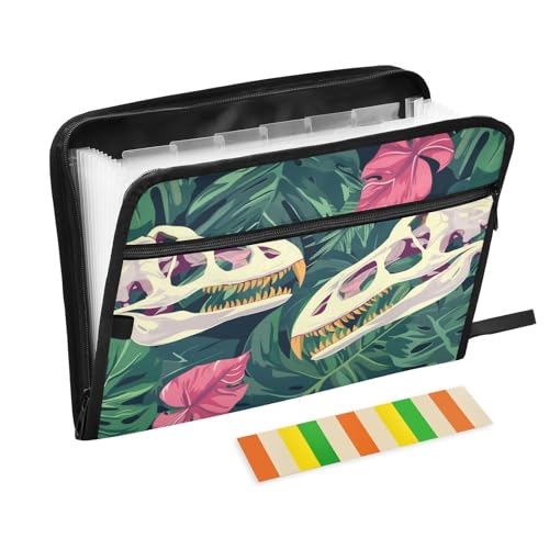 Dokumentenmappe, erweiterbar, 13 Taschen, A4, Briefgröße, mit Reißverschluss, für Papiere, Dinosaurier, Totenkopf, Grün, Rosa, Monstera-Blätter, Carpetas de von tplaotee