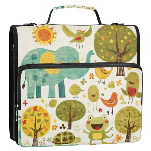 Doodle-Stil Cartoon Elefant Vogel Niedlich 3,8 cm 3-Ringe Reißverschluss Ordner mit Gurt Multi-Taschen Portfolios Portfolio-Organizer für Schule und Büro von tplaotee