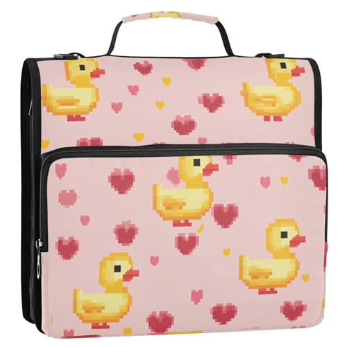 Duck Pixel Art Valentine Pfirsich 3,8 cm 3 Ringe Reißverschluss Ordner mit Griff, einfach zu tragen, Schulbedarf, Organizer für Schule/Büro von tplaotee