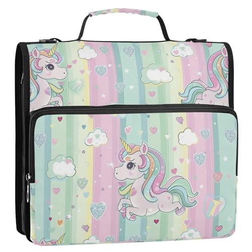 Einhörner Cartoon Regenbogen Farbe 3,8 cm 3 Ringe Reißverschluss Bindertasche mit Griff und abnehmbarem Schultergurt inklusive Reißverschlusstasche Dokumenten Akten Aufbewahrungstasche für Büro Schule von tplaotee