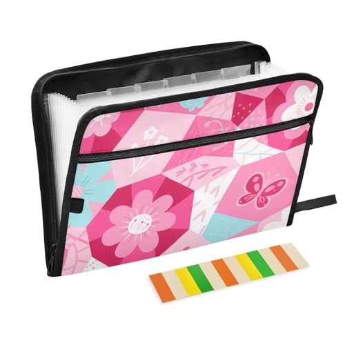 Erweiterbarer Ordner mit Trennwänden, 13 Taschen, A4, Briefgröße mit Reißverschluss, für Bürobedarf, Rosa, geometrische Formen, Blumen, Teppiche von tplaotee