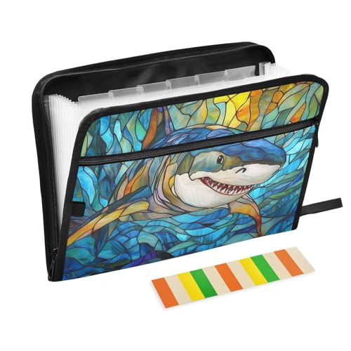 Erweiterbarer Ordner mit Trennwänden, 13 Taschen, A4, Briefgröße mit Reißverschluss, für Zuhause, Büro, Blaue Haie, Buntglas-Stil, Carpeta de von tplaotee