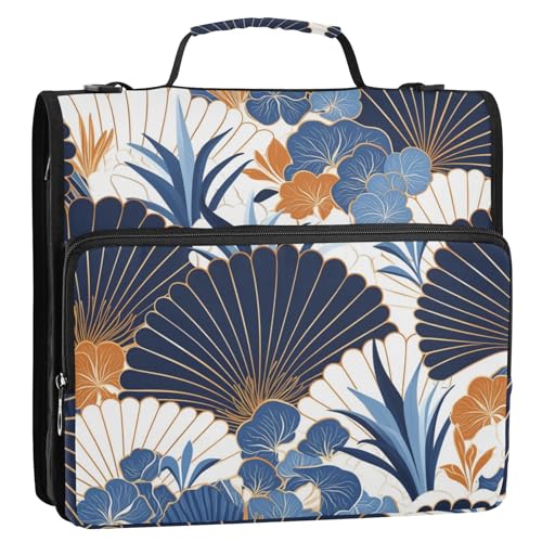 Fächerförmiges Blumenmuster, weiß-blau, Art-Deco-Stil, 3 Ringe, Organizer mit Riemen, mehrere Taschen, Schulordner, Organizer für die Mittelschule von tplaotee