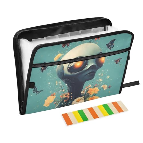 Fächermappe, 13 Fächer, A4, Briefgröße mit Reißverschluss, für Büro, Cartoon, Aliens, Wissenschaft, Fiktion und Fantasie-Stil, carpeta de von tplaotee