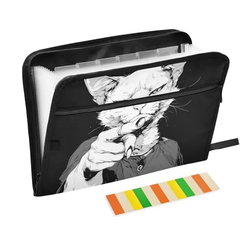 Fächermappe, 13 Fächer, A4, Briefgröße mit Reißverschluss, für Bürobedarf, schwarz, Punk, Katze, Weiß, cool para guardar von tplaotee