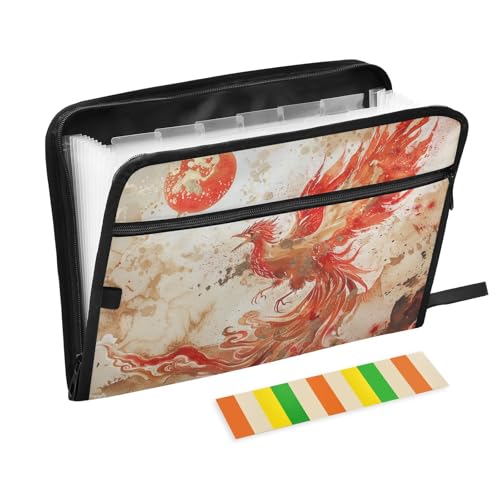Fächermappe, 13 Taschen, A4, Briefgröße mit Reißverschluss, für Papiere, Phönix, Vogel, chinesische Tinte, Malerei, Rotgold, Expando von tplaotee