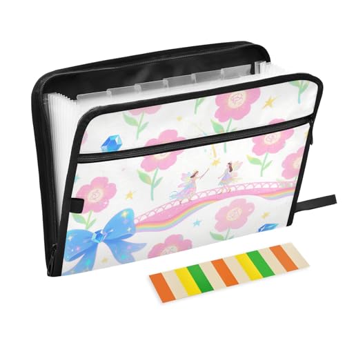 Fächermappe aus Kunststoff, 13 Fächer, A4, Briefgröße mit Reißverschluss, für Bürobedarf, Cartoon, Rosa, Blumenmuster, blaue Schleife, expando von tplaotee