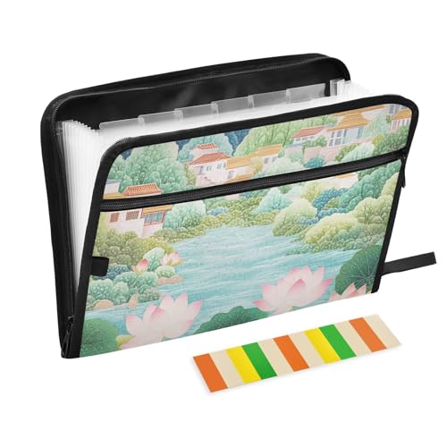 Fächermappe aus Papier, 13 Taschen, A4, Briefgröße mit Reißverschluss, für Bürobedarf, Rosa/Grün, chinesische Landschaft, Blume, Para Guardar von tplaotee