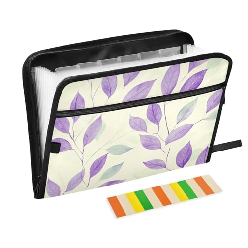 Fächermappe mit 13 Fächern, A4, Briefformat, mit Reißverschluss, für Bürobedarf, violett, mintgrün, Blätter, frischer Stil, carpeta de von tplaotee