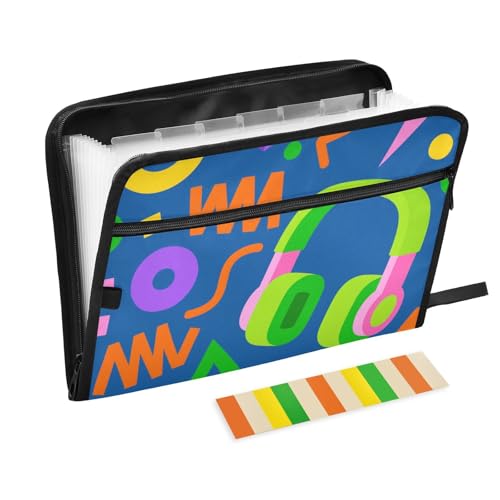 Fächermappe mit 13 Fächern, A4, Briefgröße mit Reißverschluss, für Bürobedarf, Retro, bunte Kopfhörer, geometrische Formen von tplaotee