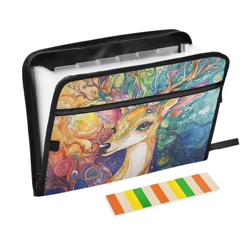 Fächermappe mit Etiketten, 13 Taschen, A4, Briefgröße mit Reißverschluss, für Büro, Bohemian-Rentier, buntes Expando von tplaotee