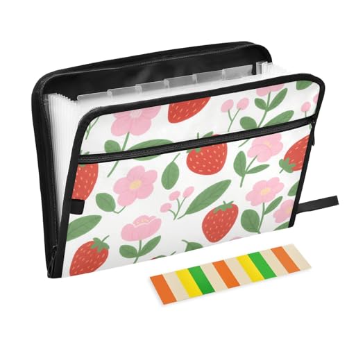 Fächermappe zum Aufhängen, 13 Taschen, A4, Briefgröße mit Reißverschluss, für Bürobedarf, Cartoon-Erdbeeren, rosa Blumen, Para Guardar Documentos von tplaotee